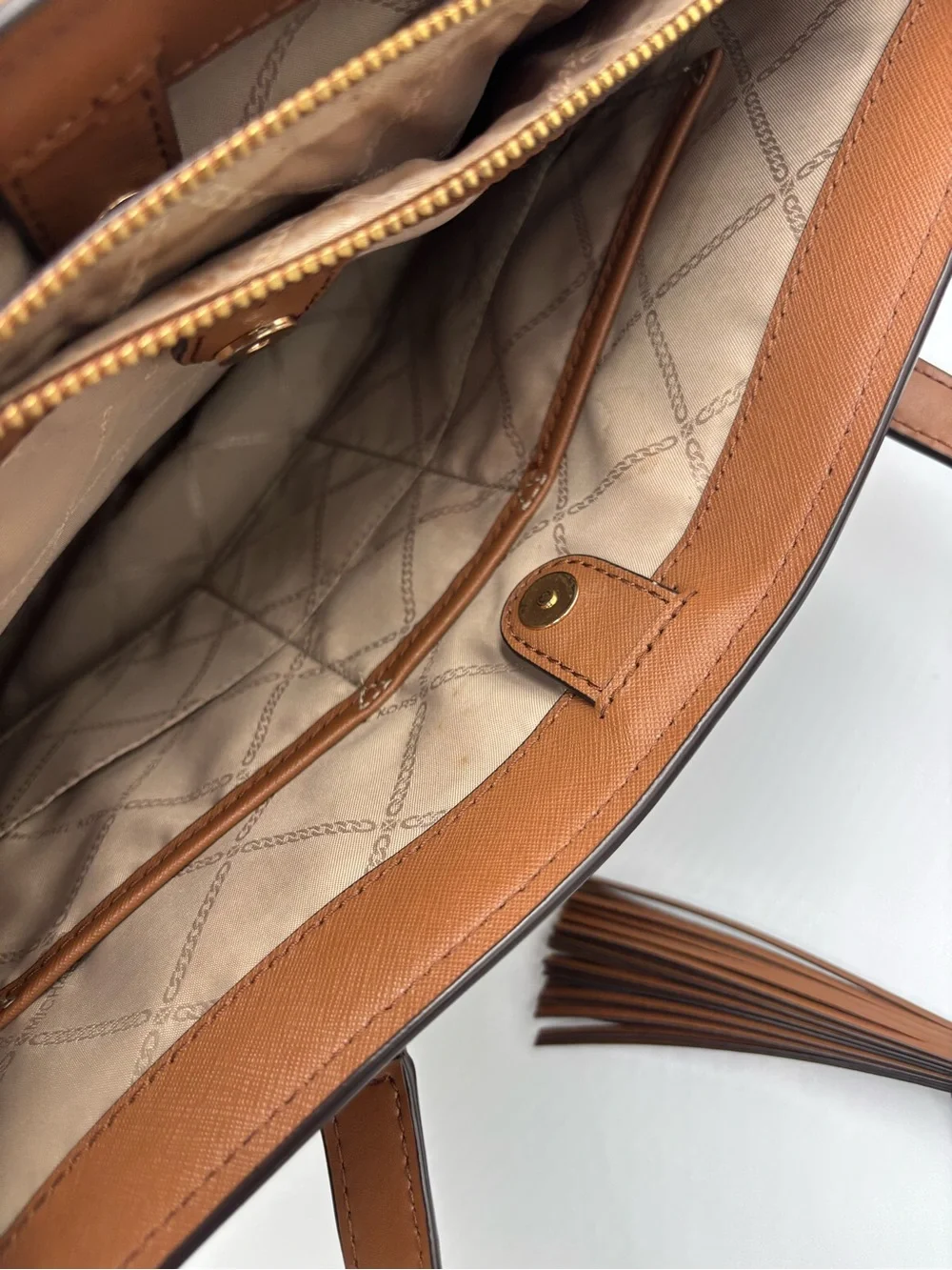 Michael Kors Large Brown Leather Tote Shoulder Bag Gold MK Charm Tassel